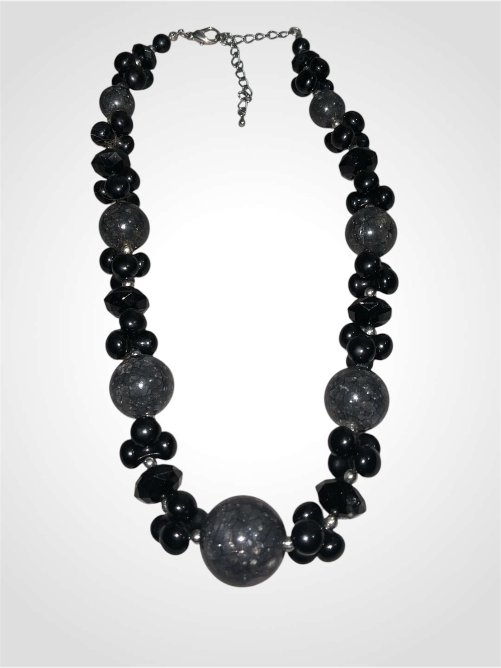 Black Chunky Beaded Necklace - Polished Black & Gray Marbled Spheres 18”